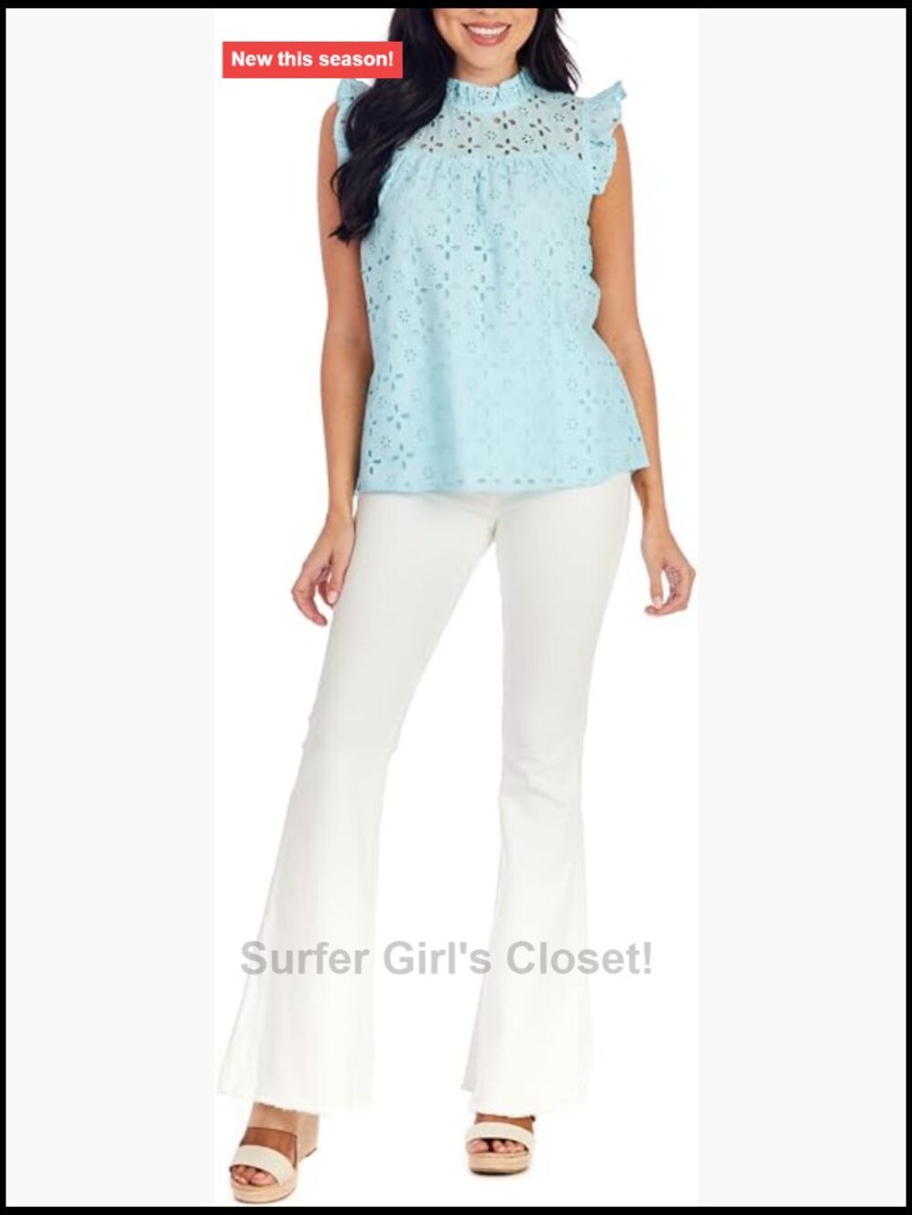 Women's Eyelet Cotton Tank Top Flutter Sleeve Ruffle Neck Keyhole Back